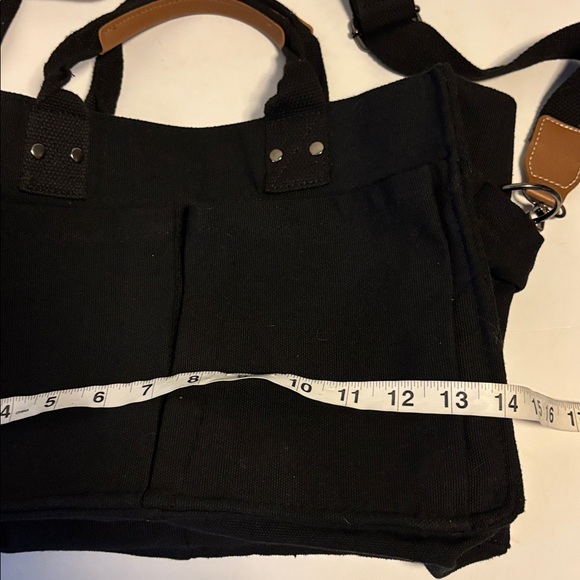 Black Canvas Tote Bag Brown Accents Detachable Strap 6 Pockets Outside on Bag - Picture 12 of 14